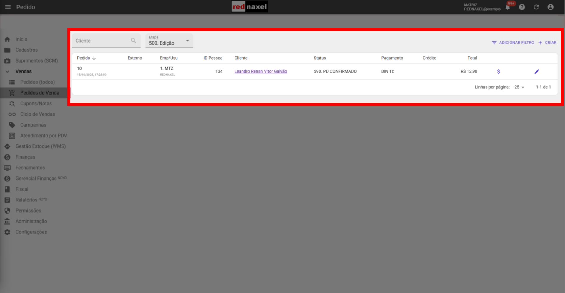 Visão Final da Tela: 'Pedidos de Venda'