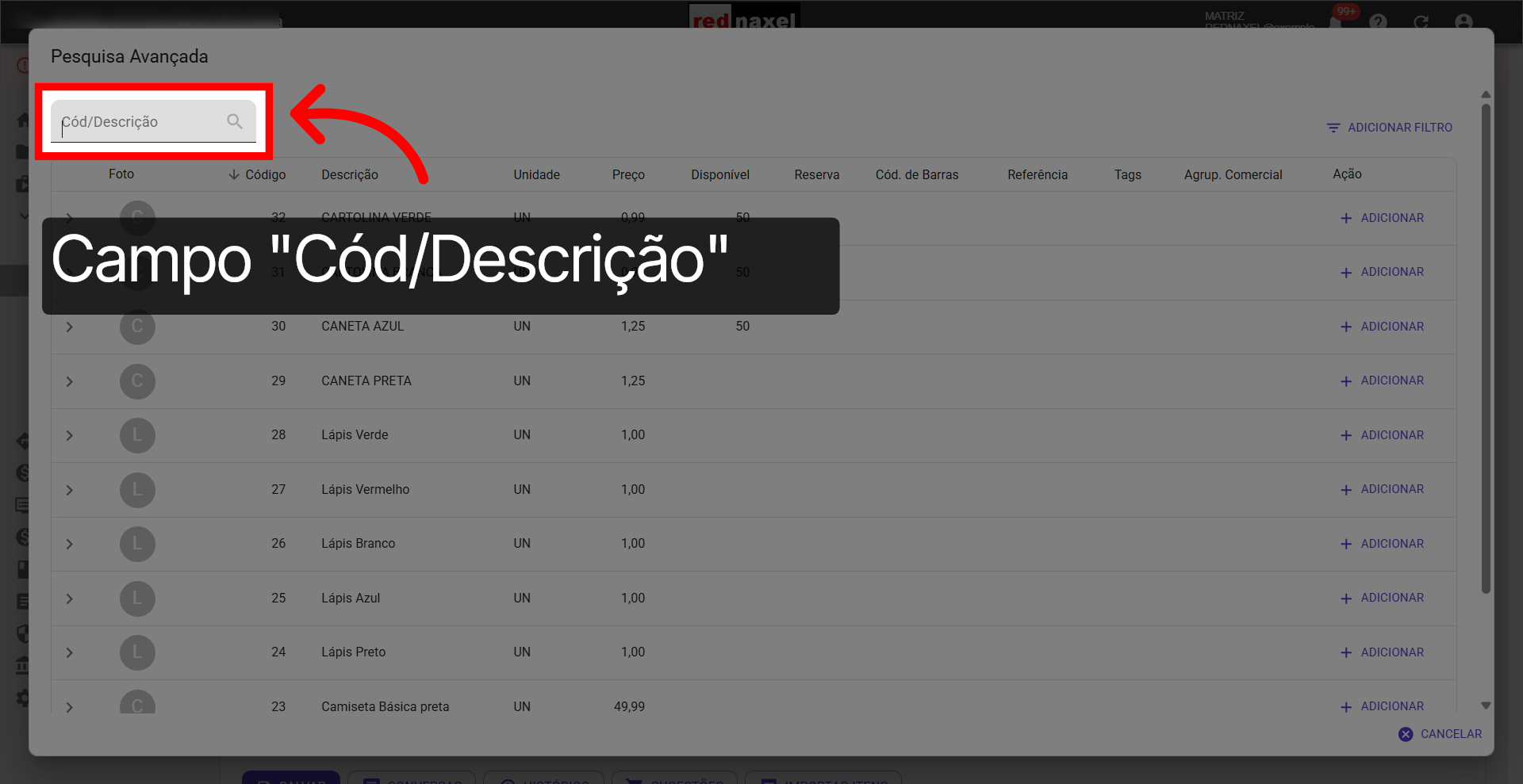 Campo: 'Código/Descrição'