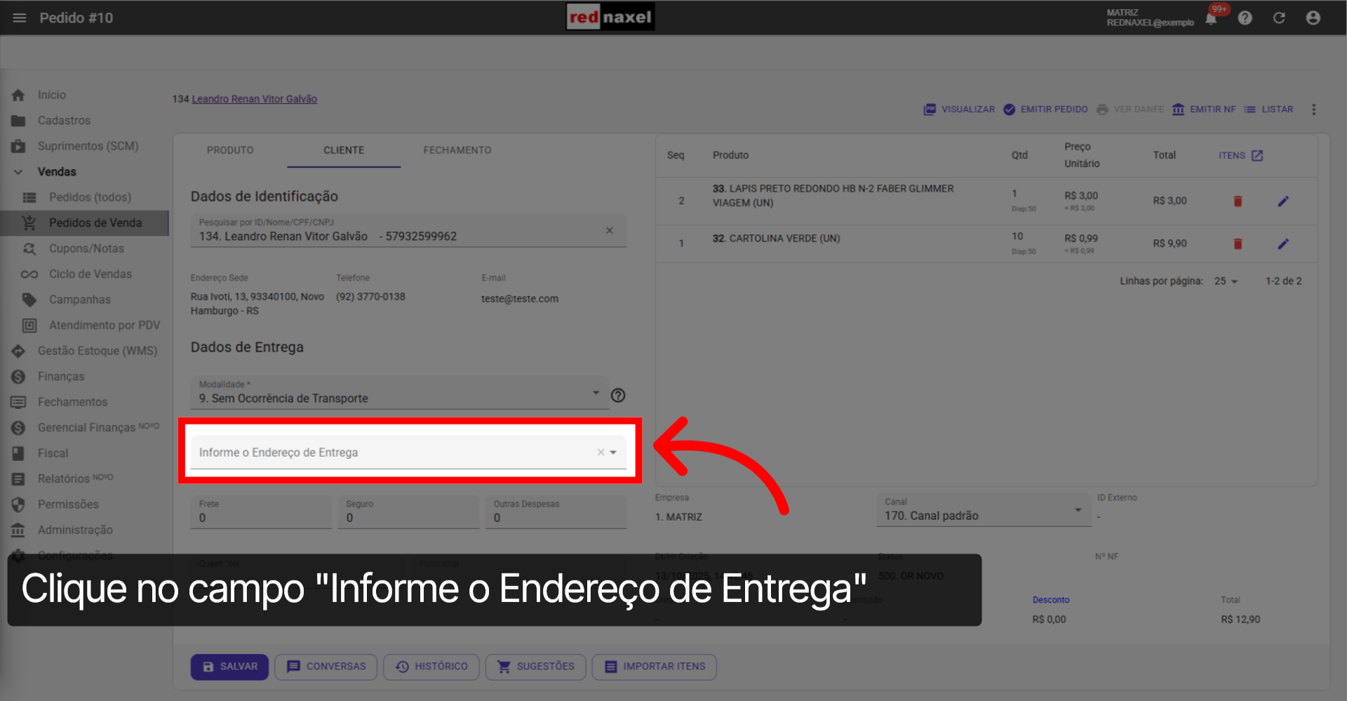 Campo: 'Informe o Endereço de Entrega'