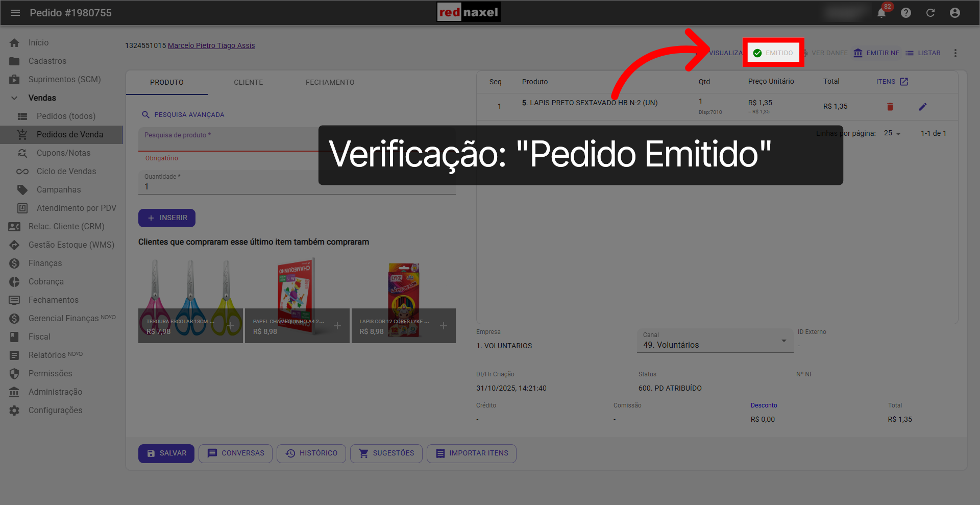 Verificação: 'Pedido Emitido'