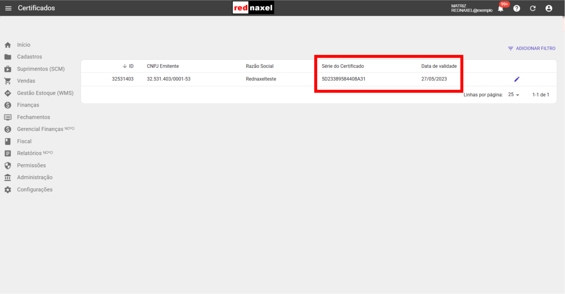 Visão: Tela Certificados com Certificado Configurado