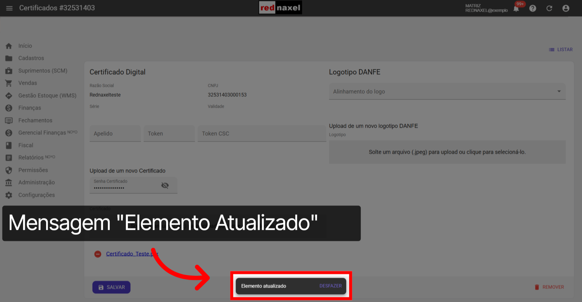 Mensagem: 'Elemento Atualizado'