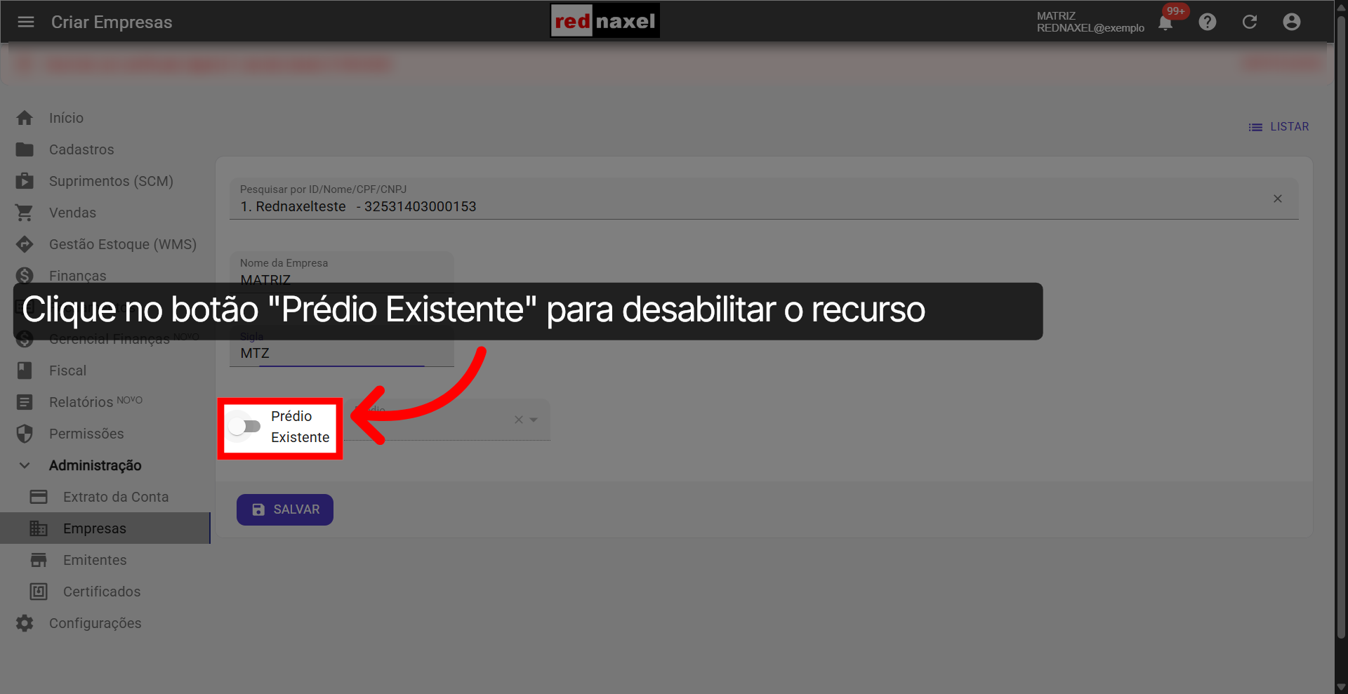 Botão: 'Prédio Existente' Desabilitado