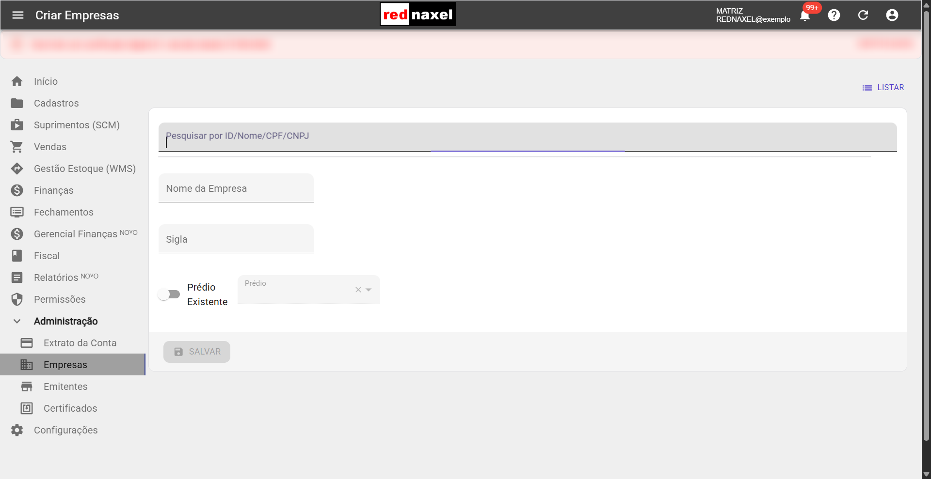 Tela: 'Criar Empresas'