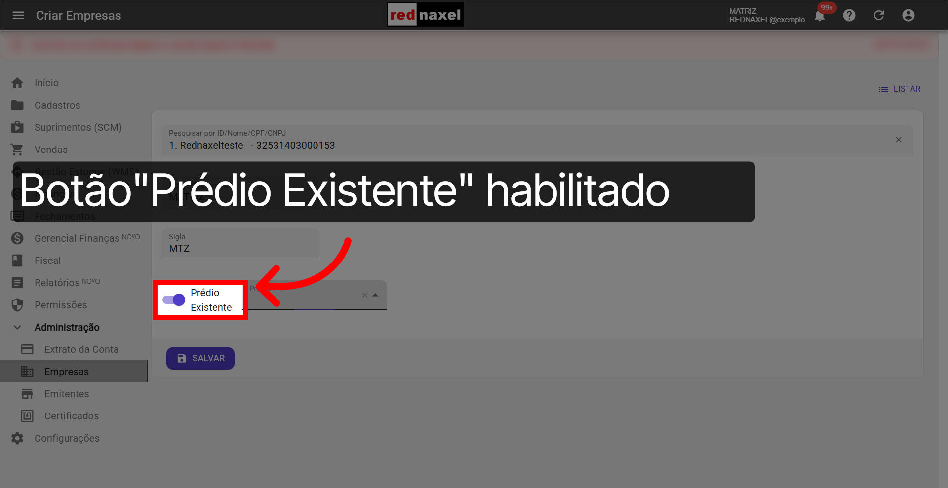 Botão: 'Prédio Existente' habilitado