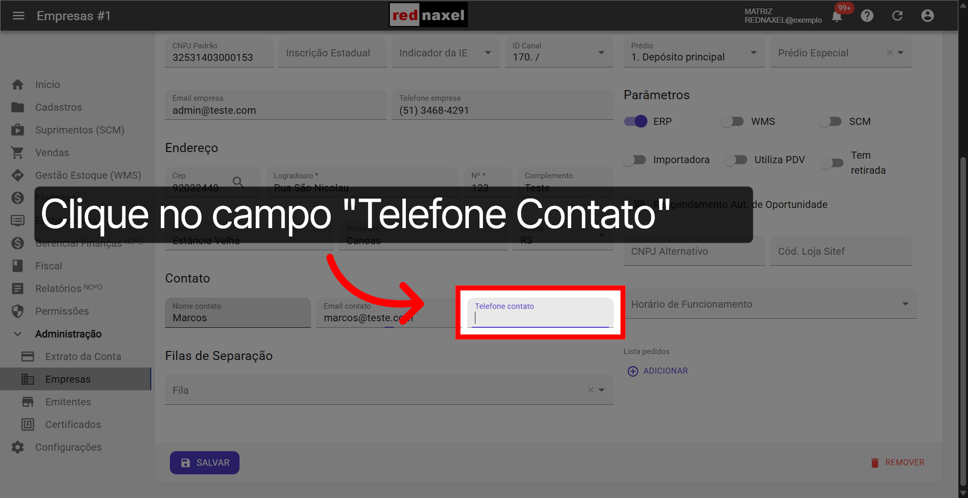 Campo: 'Telefone Contato'