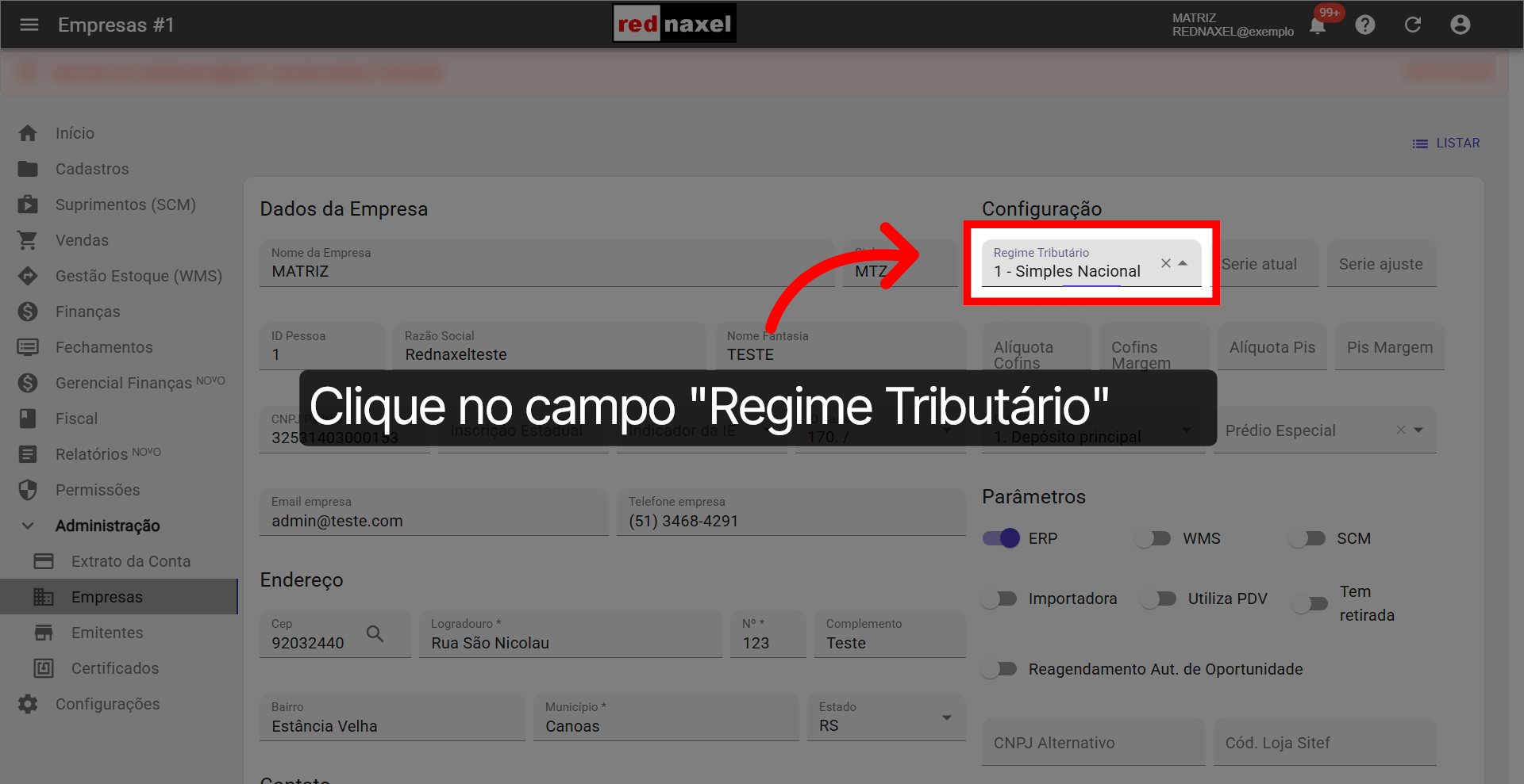 Campo: 'Regime Tributário'