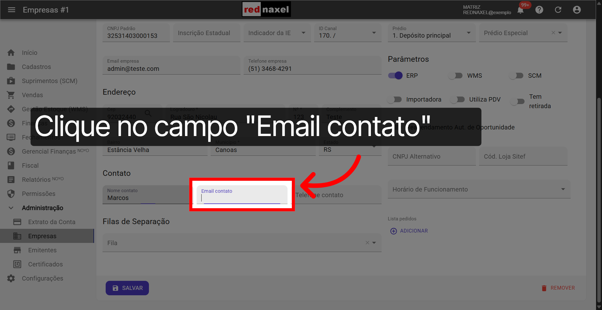 Campo: 'Email Contato'