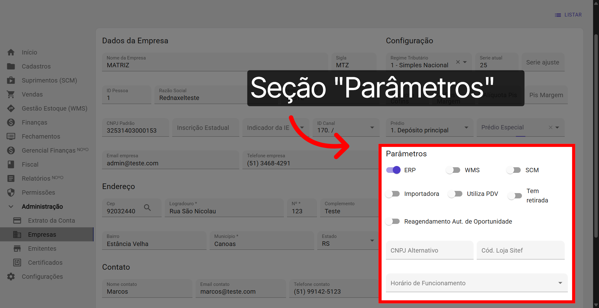 Seção: 'Parâmetros'