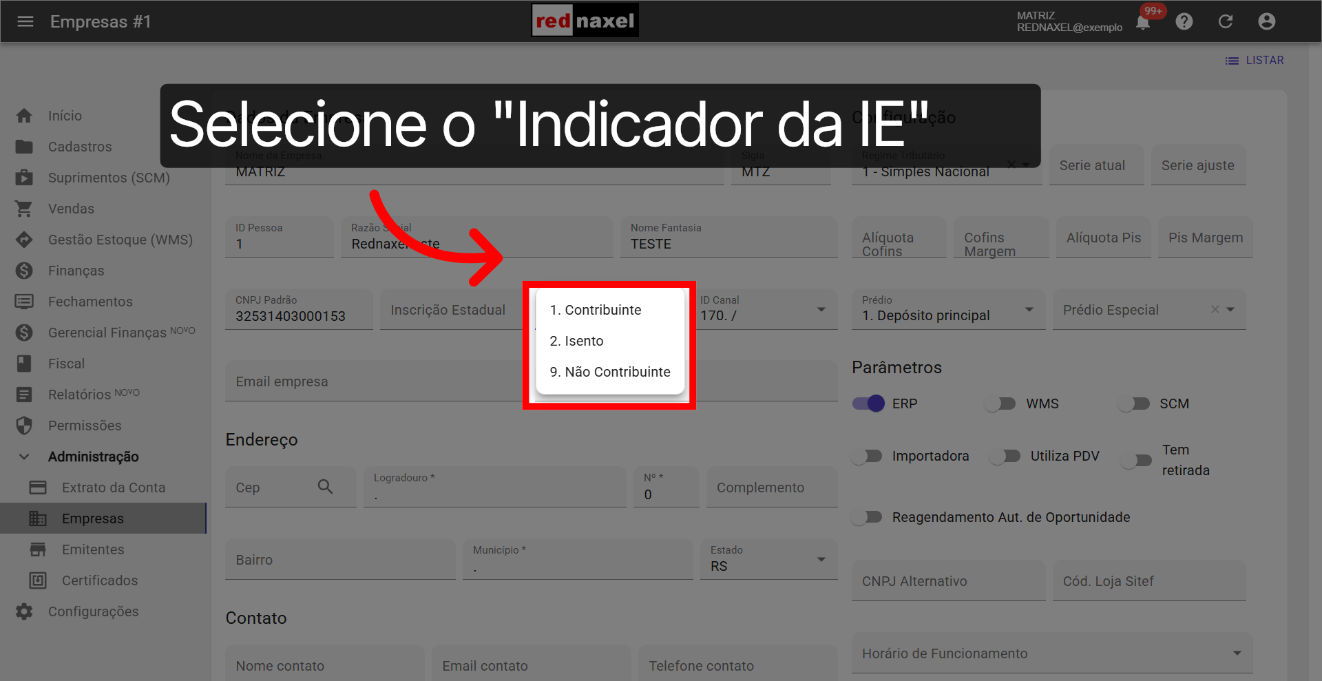 Opções: 'Indicador da IE'