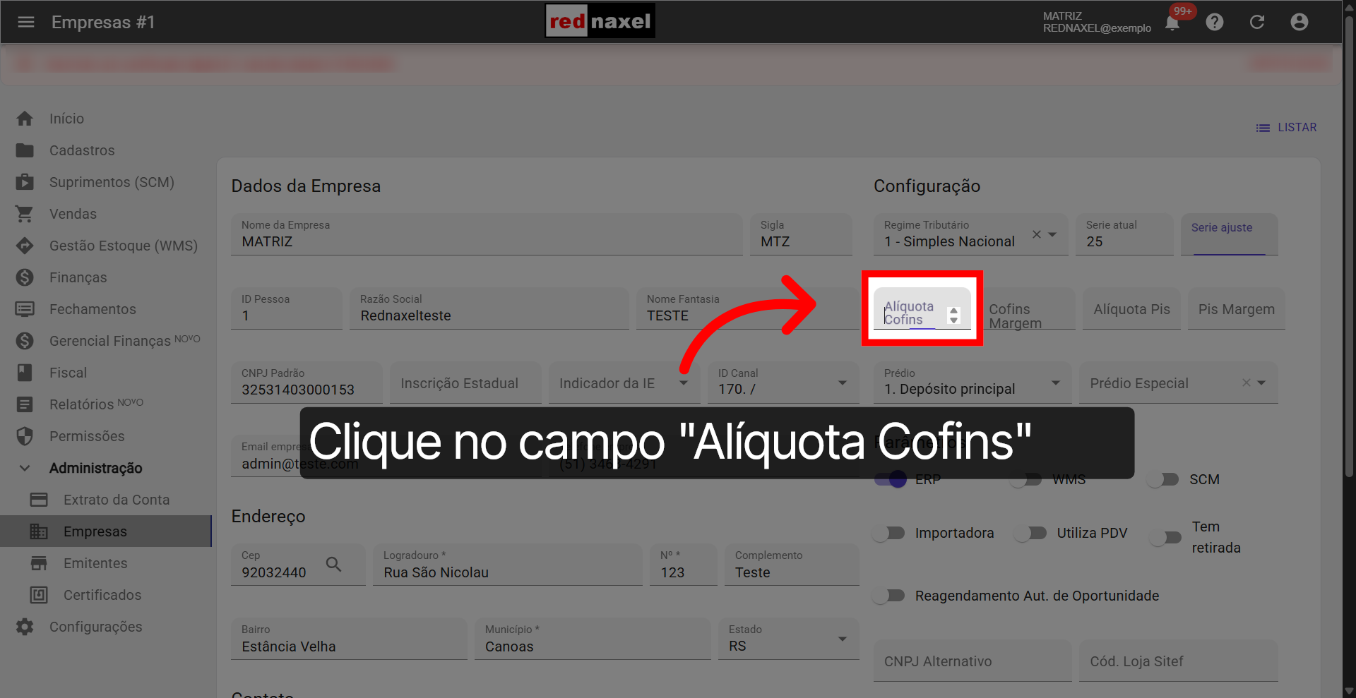 Campo: 'Alíquota Cofins'