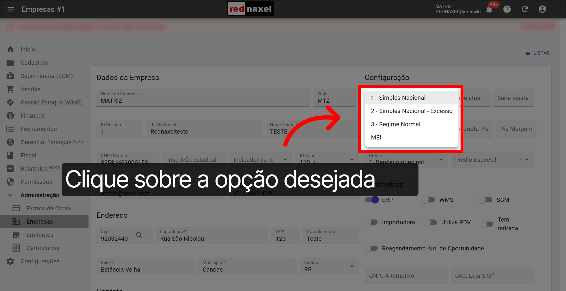 Opções Campo: 'Regime Tributário'
