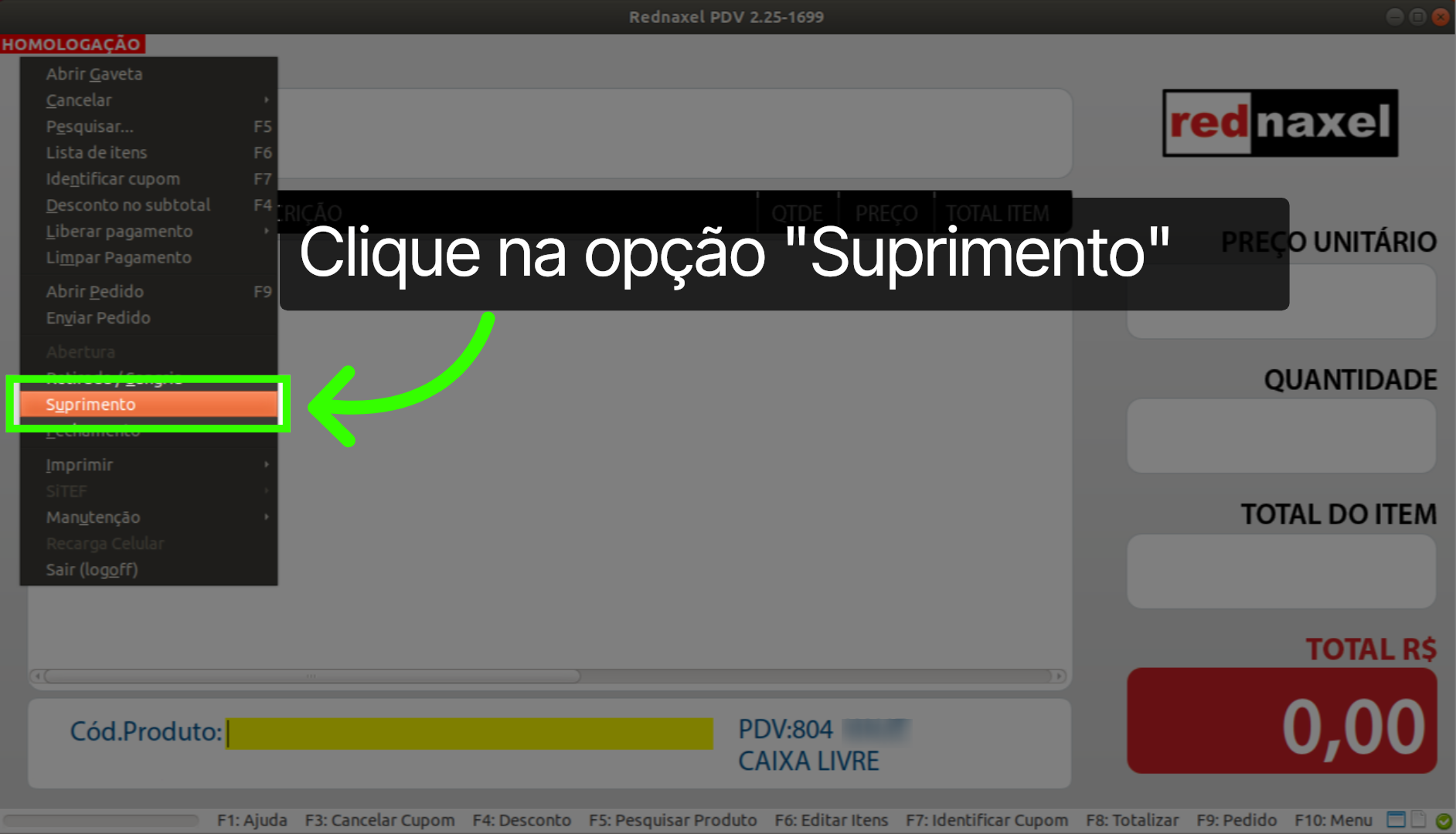 PDV: Opção 'Suprimento'