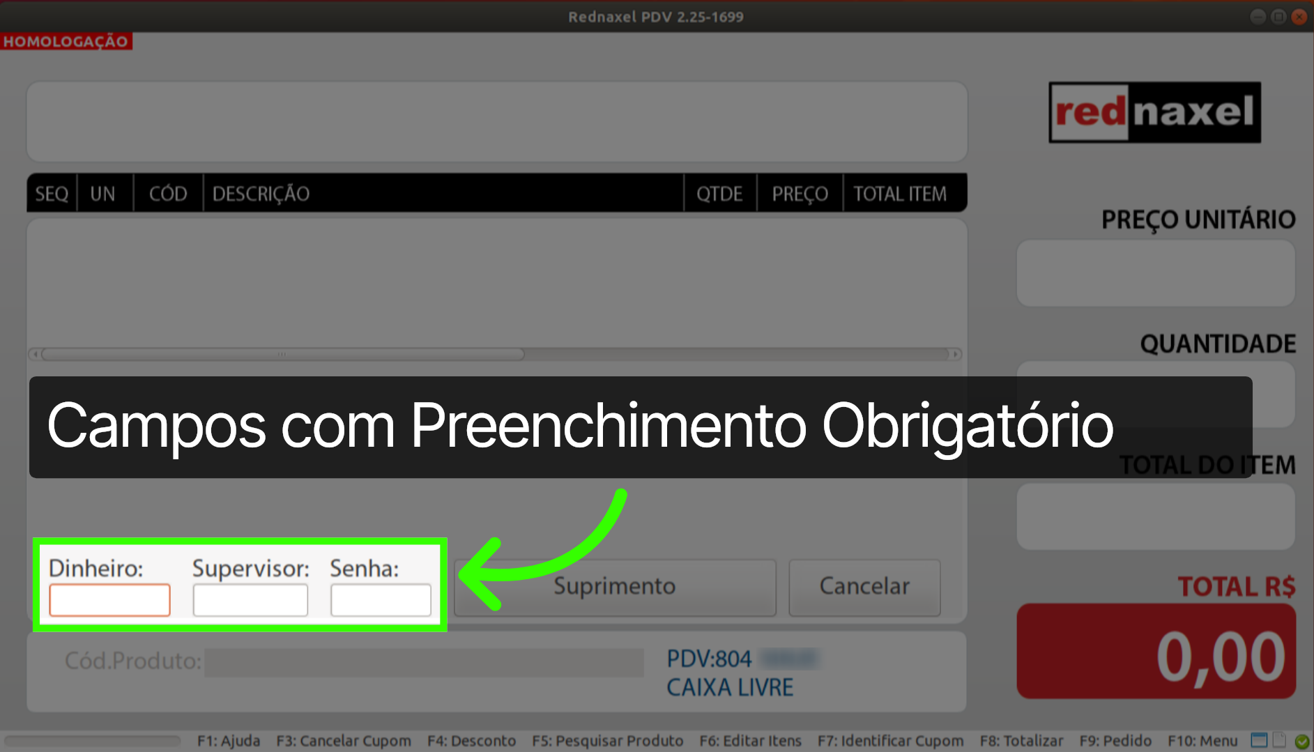 PDV: Tela Suprimento >>> Campo 'Dinheiro'