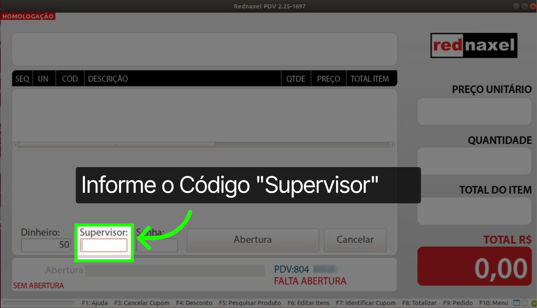 PDV Tela Abertura: 'Campo Supervisor'