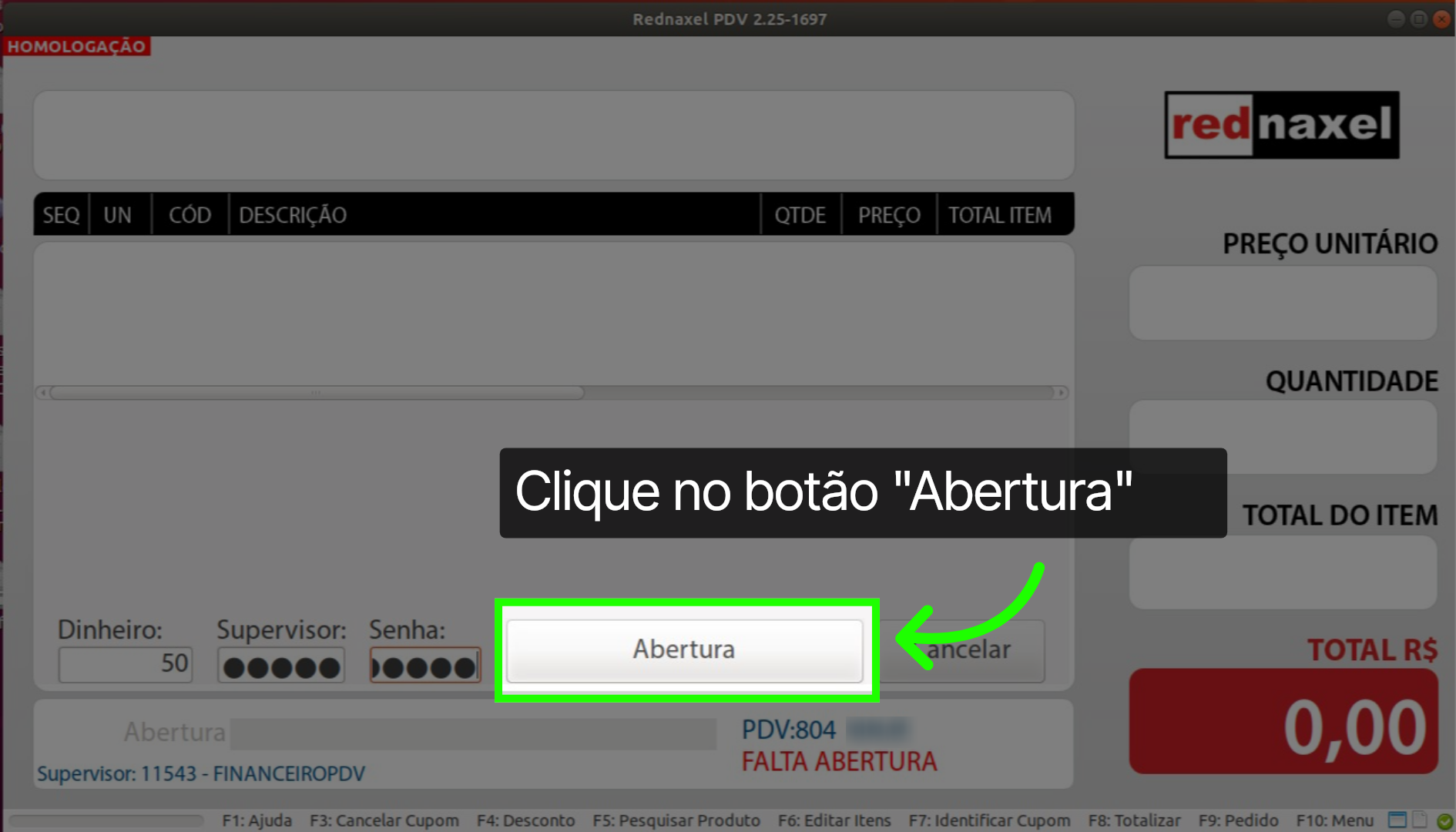 PDV Tela Abertura: 'Botão Abertura'