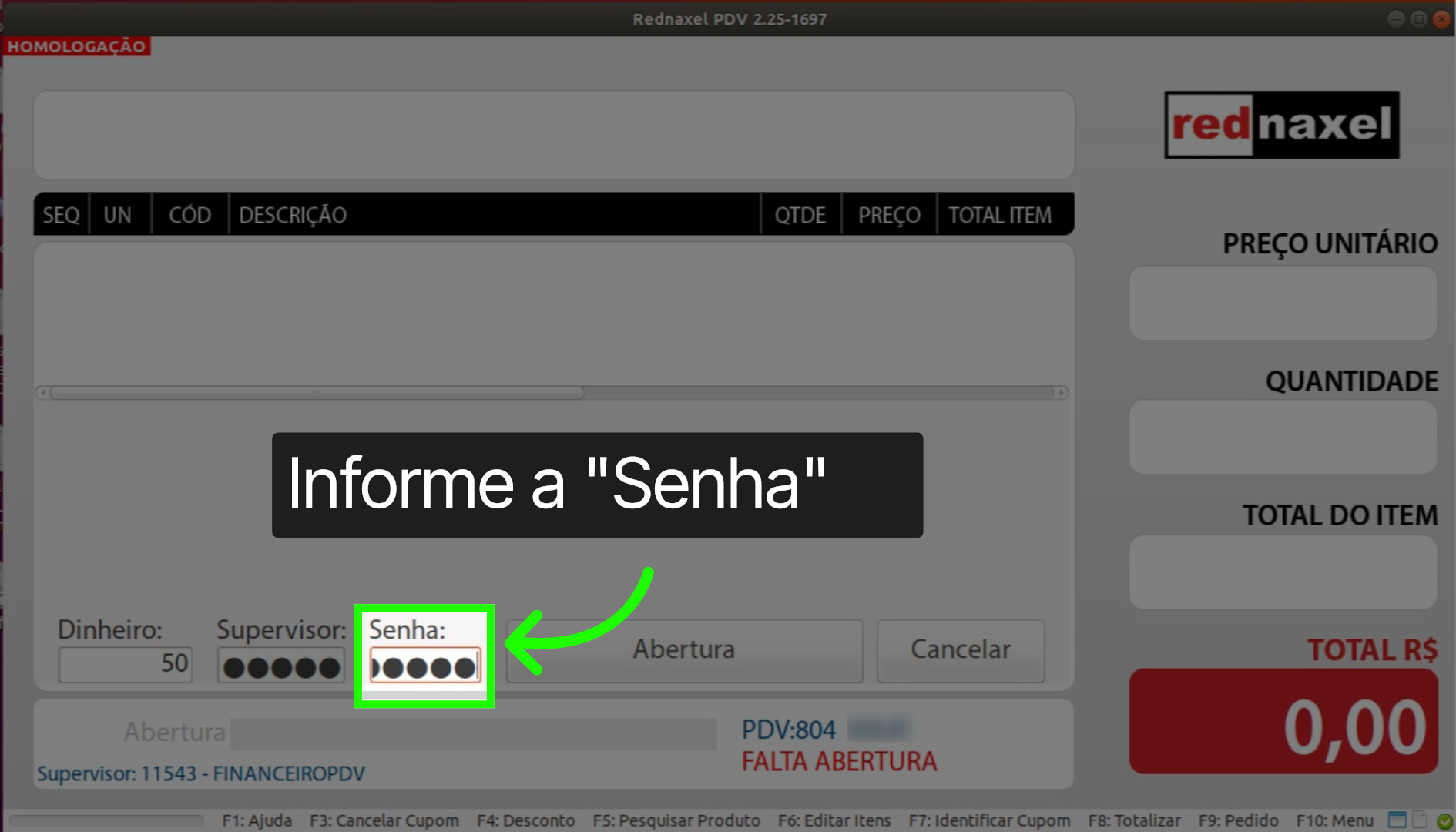 PDV Tela Abertura: 'Campo Senha'