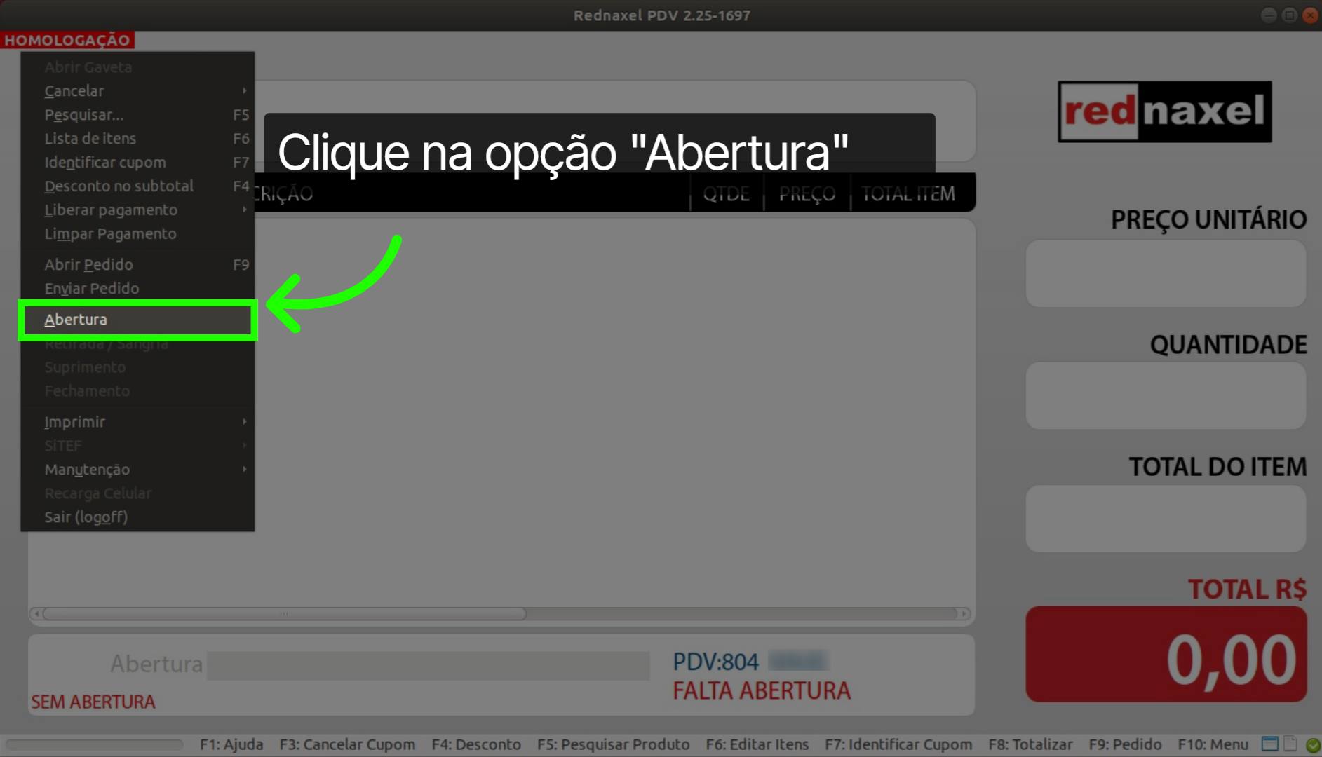 PDV Menu: 'Opção Abertura'