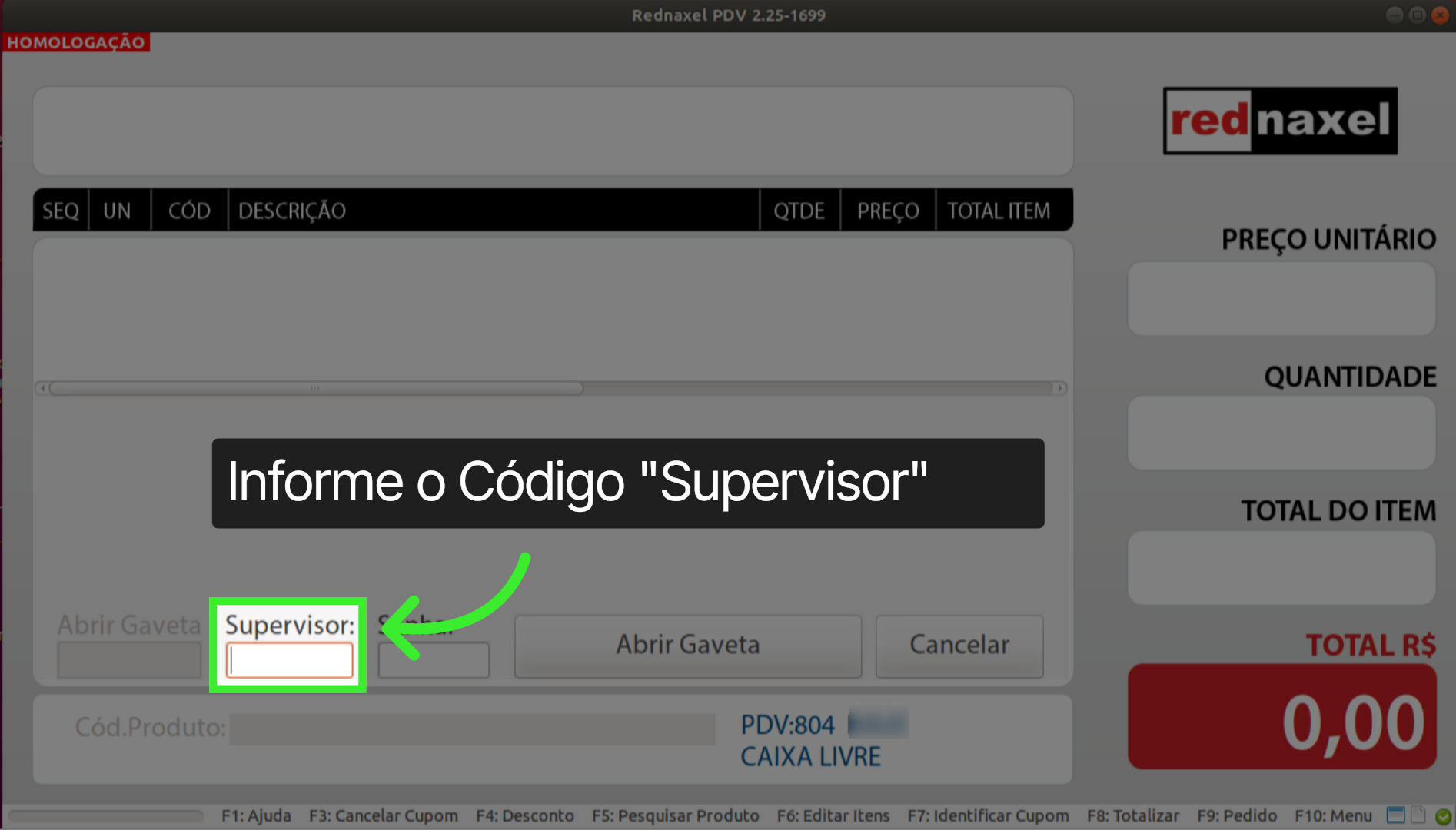 PDV Tela Abrir Gaveta: 'Campo Supervisor'