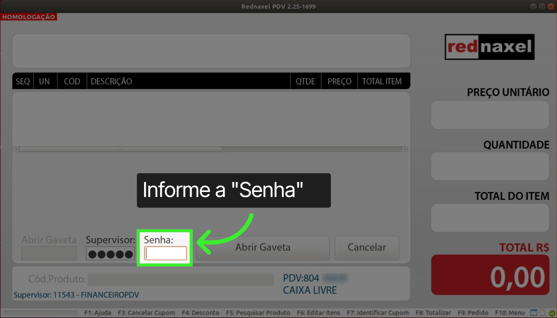 PDV Tela Abrir Gaveta: 'Campo Senha'