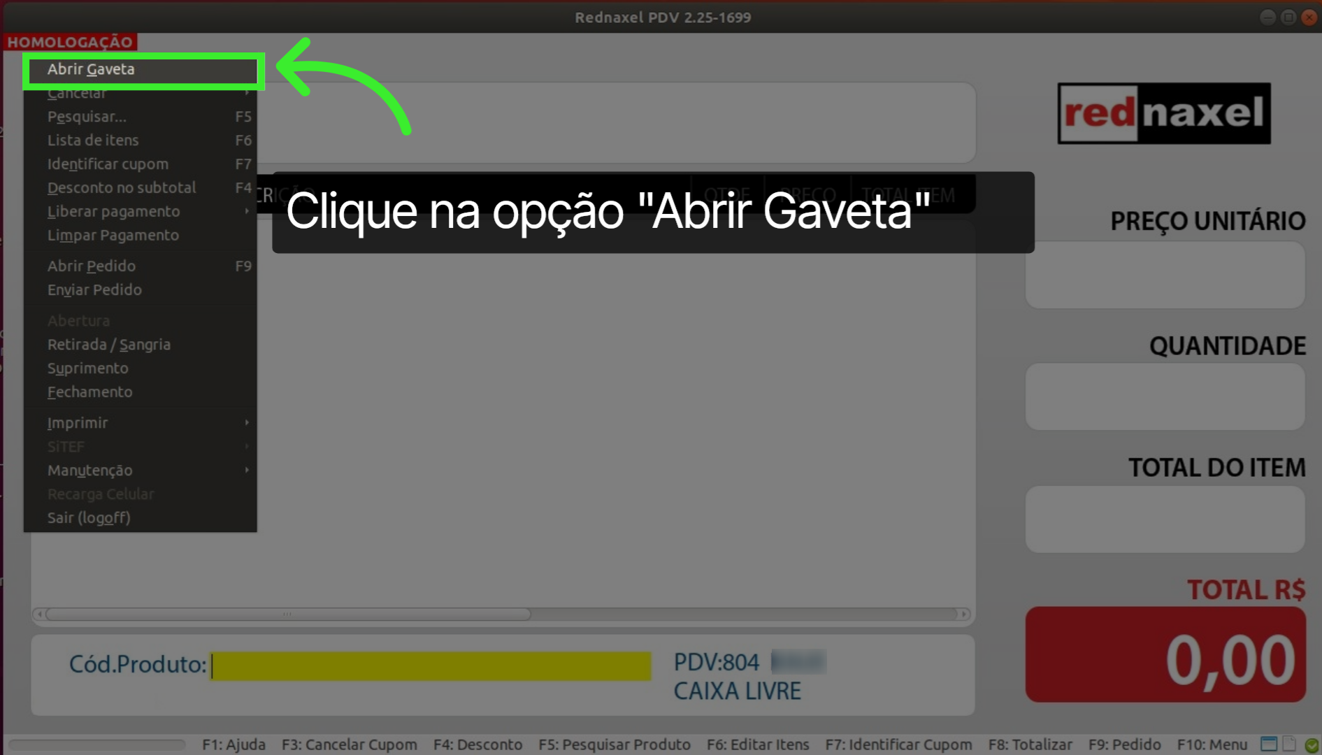 PDV Menu: 'Opção Abrir Gaveta'
