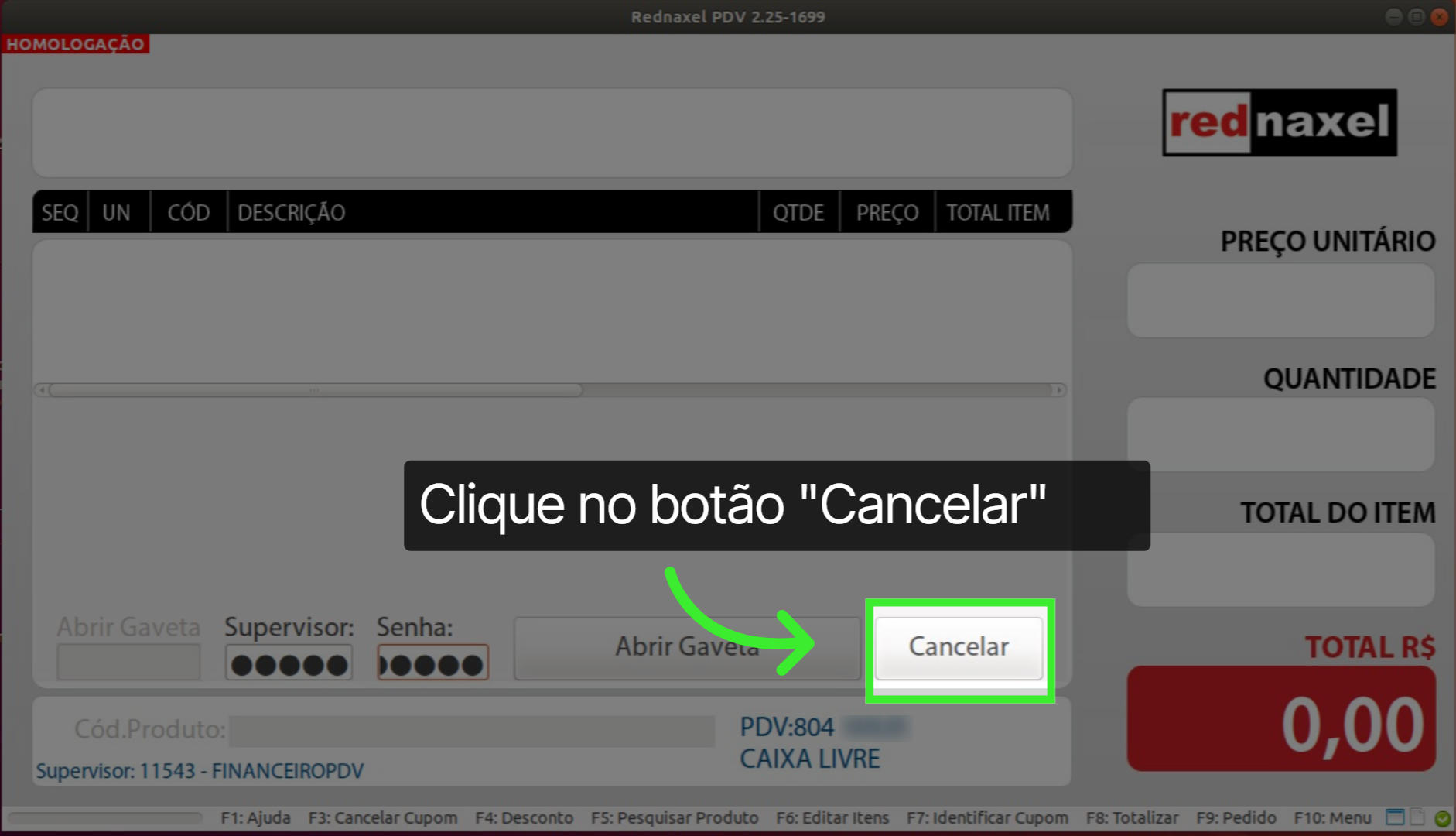 PDV Tela Abrir Gaveta: 'Botão Cancelar'