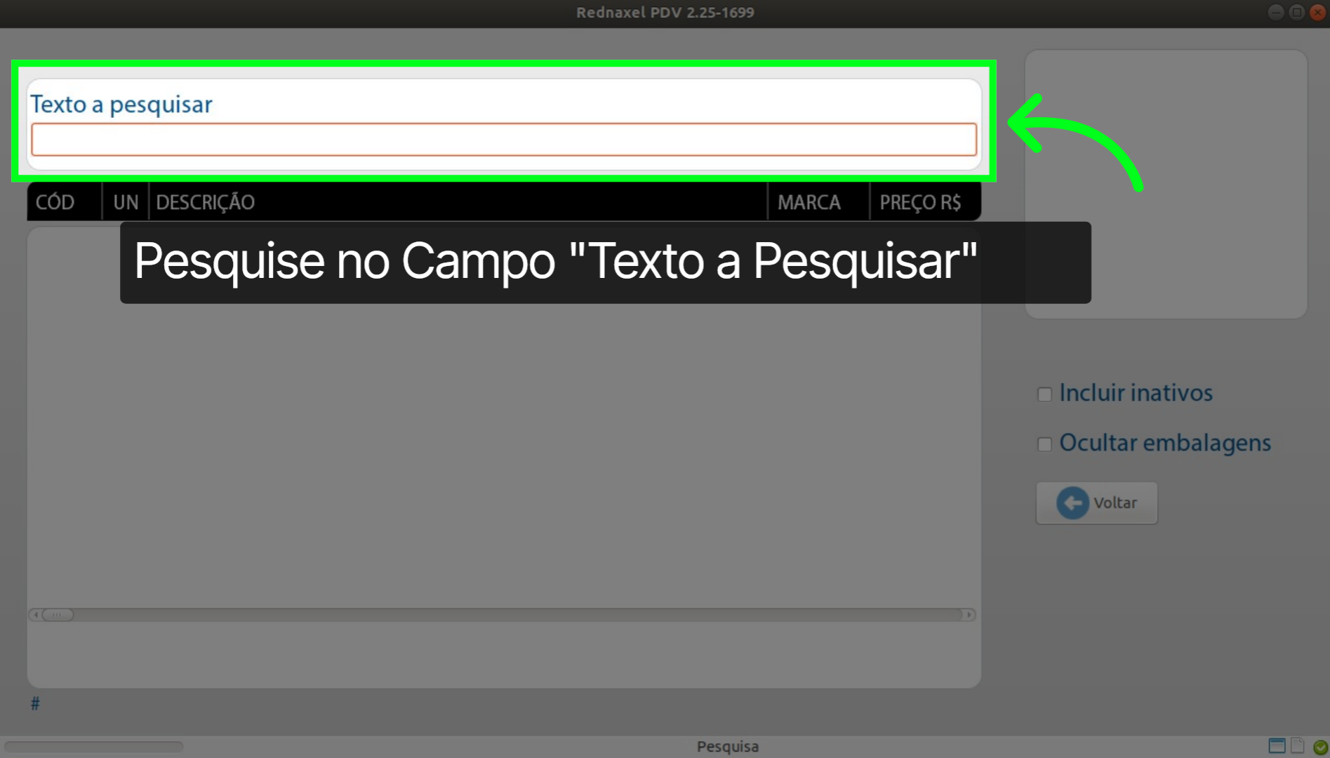 PDV Tela Pesquisa de Produto: 'Campo Texto a Pesquisar'