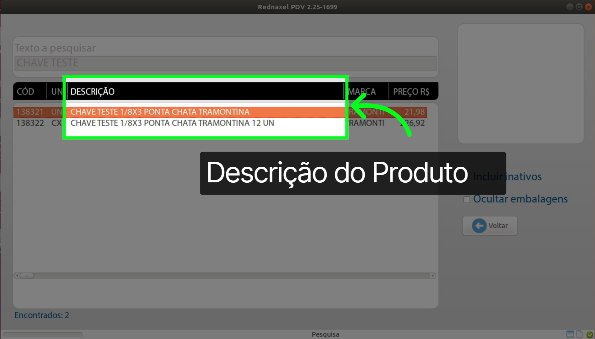 PDV Tela Pesquisa de Produto: 'Coluna Descrição'