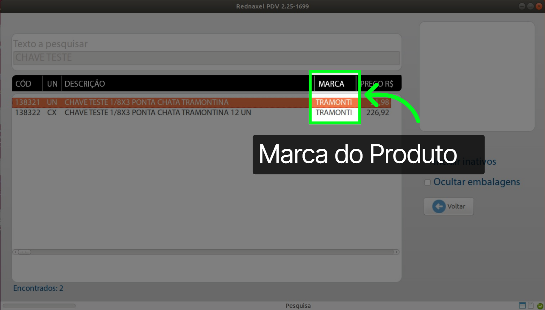 PDV Tela Pesquisa de Produto: 'Coluna Marca'