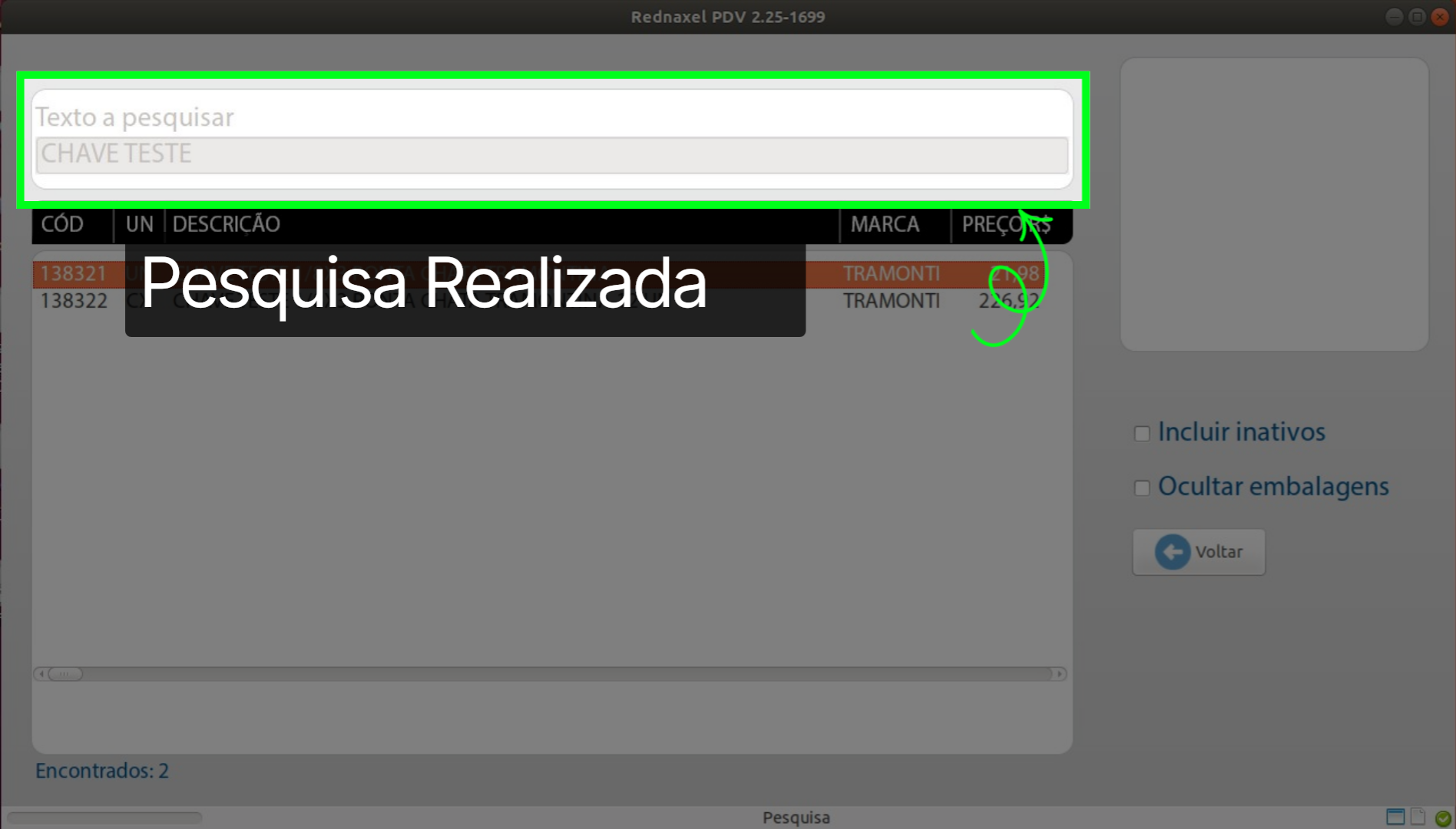 PDV Tela Pesquisa de Produto: 'Exemplo'