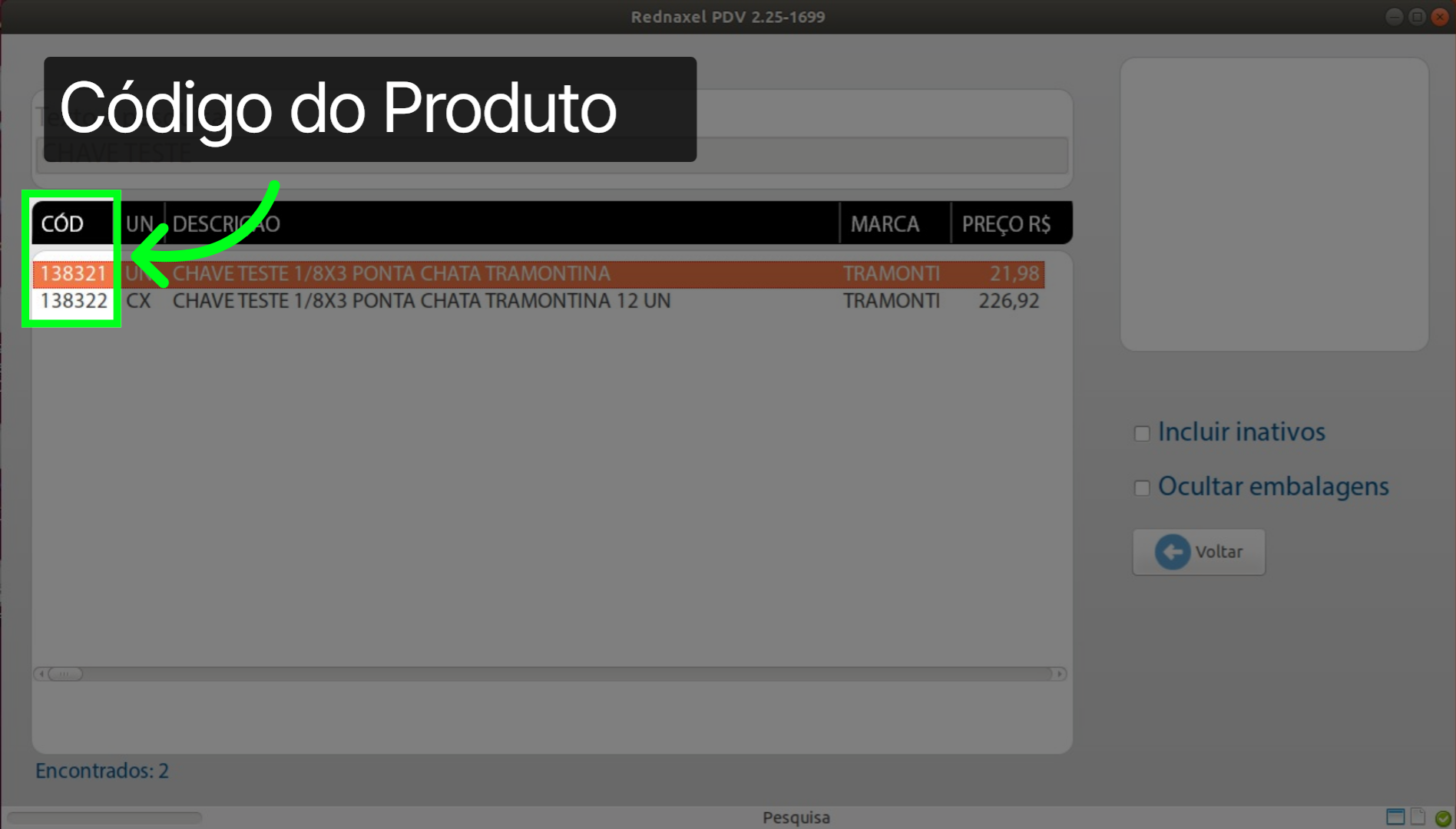 PDV Tela Pesquisa de Produto: 'Coluna CÓD'