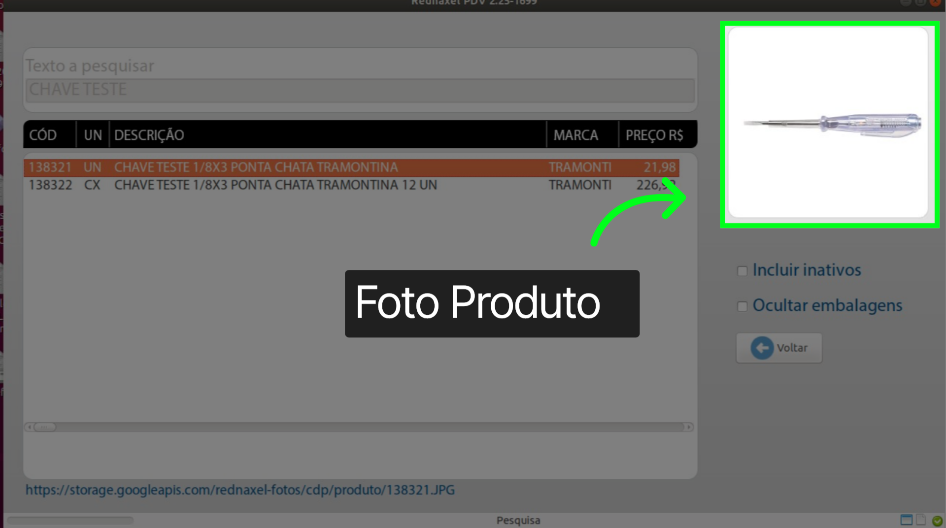 PDV Tela Pesquisa de Produto: 'Produto Selecionado'