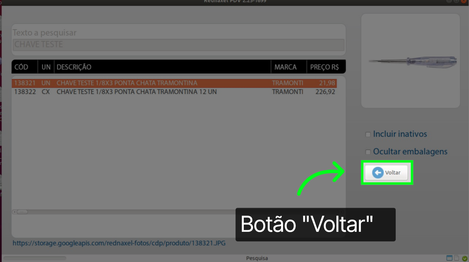 PDV Tela Pesquisa de Produto: 'Botão Voltar'