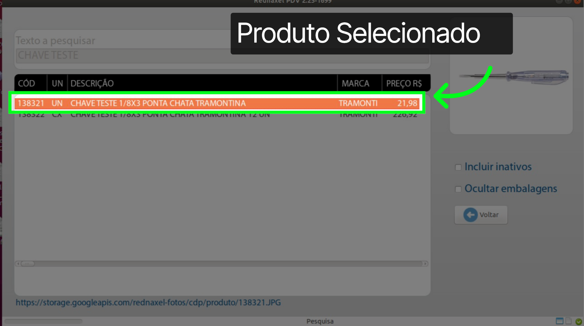 PDV Tela Pesquisa de Produto: 'Produto Selecionado'