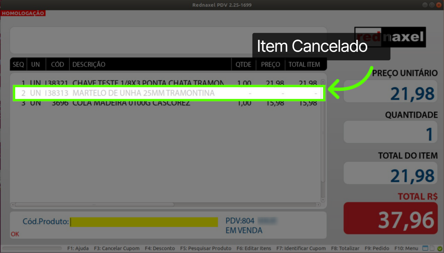 Exemplo Cancelamento de Item