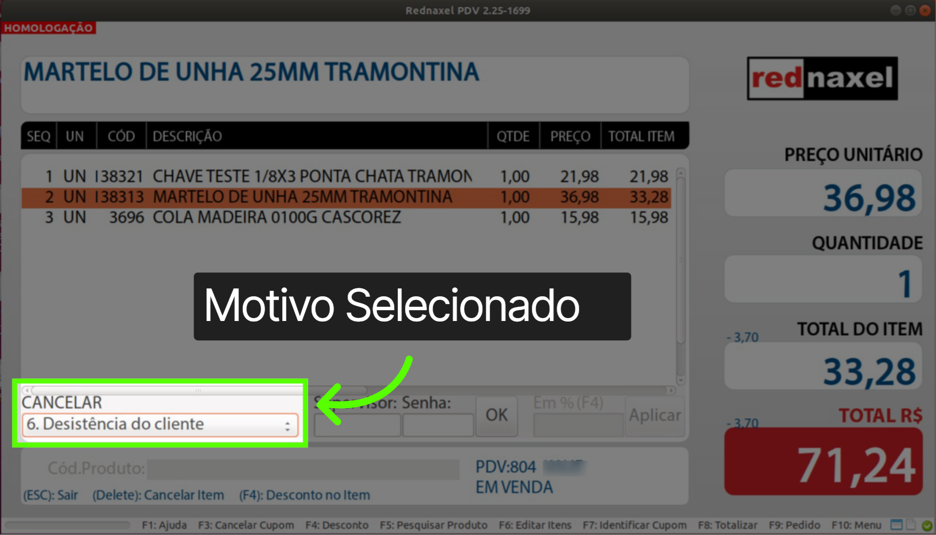 Tela de Cancelamento de Item: 'Motivo Selecionado'