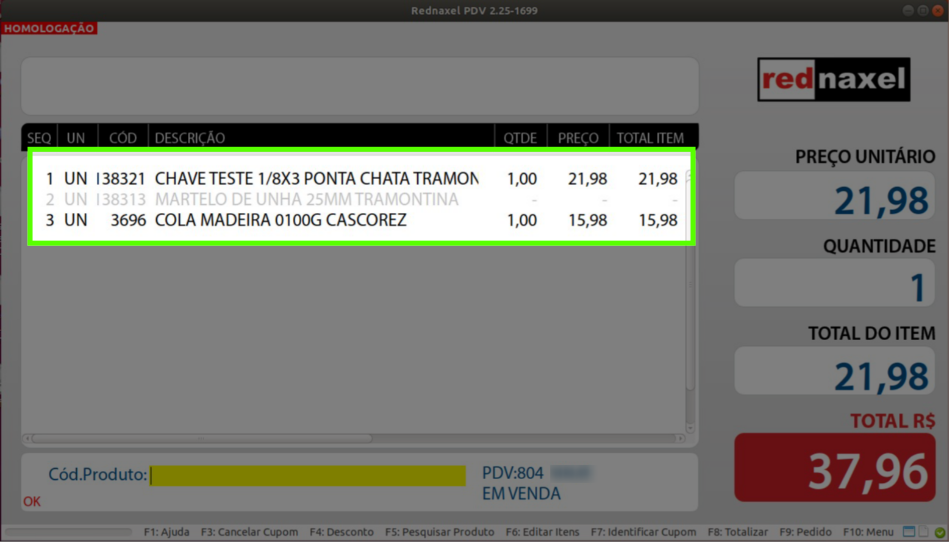 Exemplo Cancelamento de Item