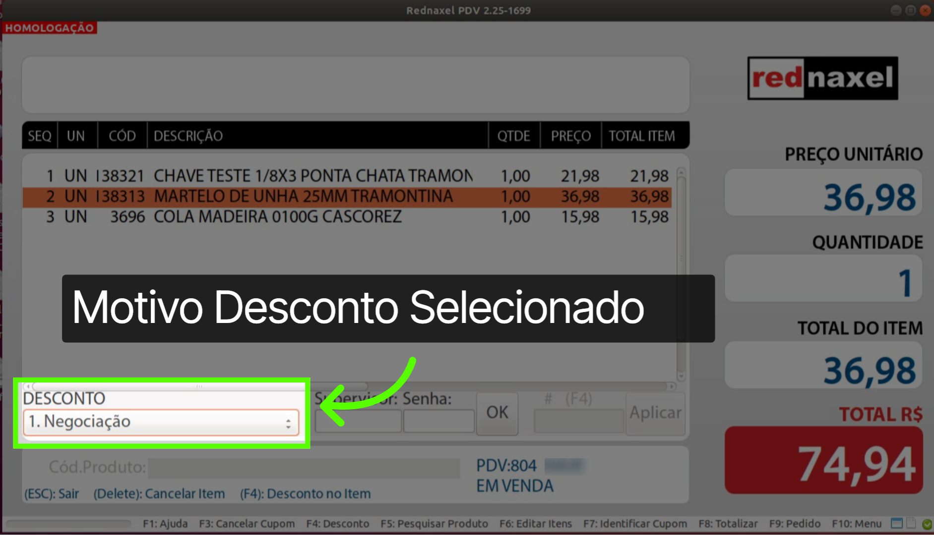 Tela de Desconto: 'Motivo Selecionado'