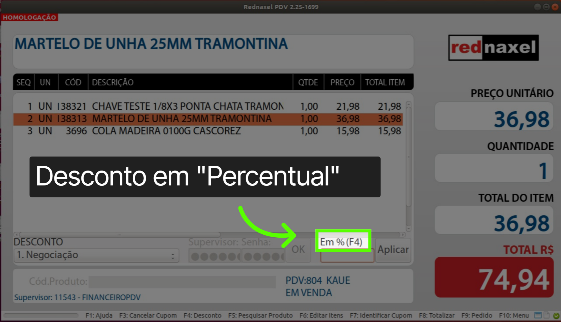 Tela de Desconto: 'Forma de Desconto em Percentual'