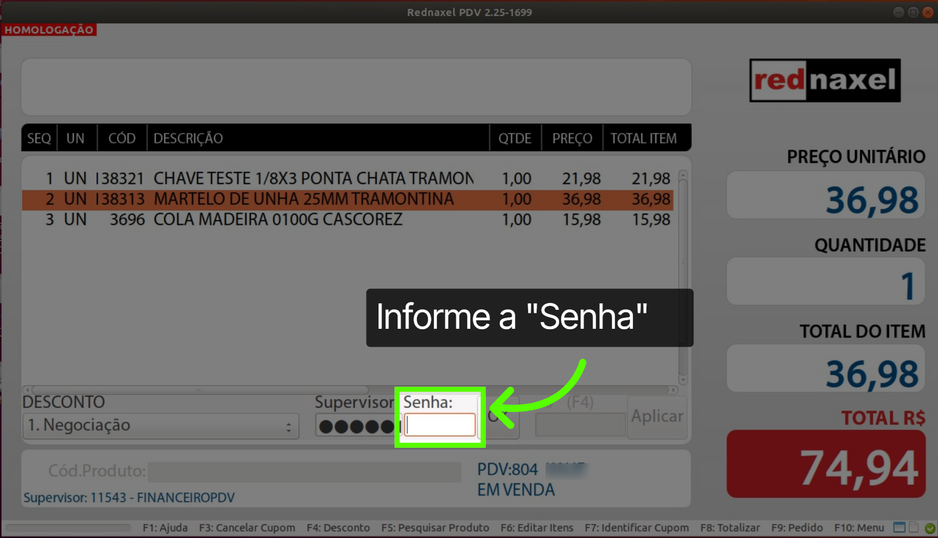 Tela de Desconto: 'Campo Senha'