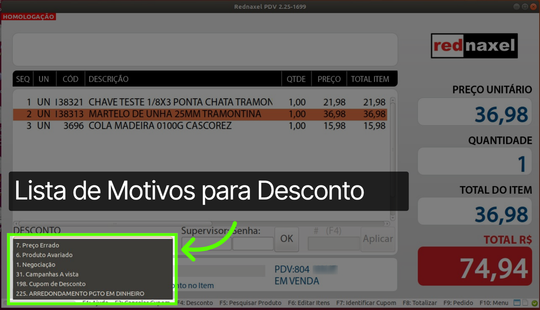 Tela de Desconto: 'Motivos de Desconto'