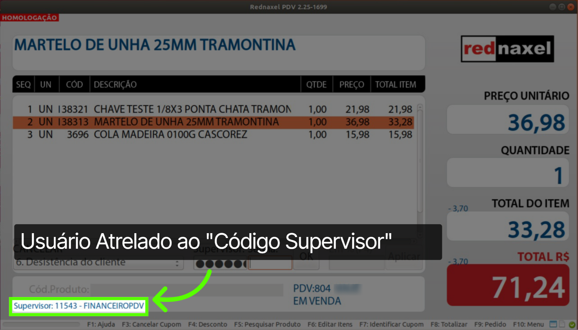 Tela de Cancelamento de Item: 'Informação Supervisor'