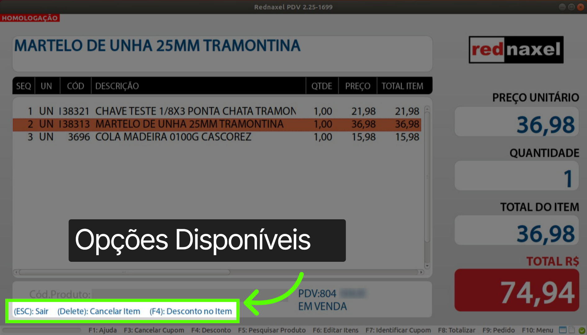 Função Editar Itens: 'Opções Disponíveis'