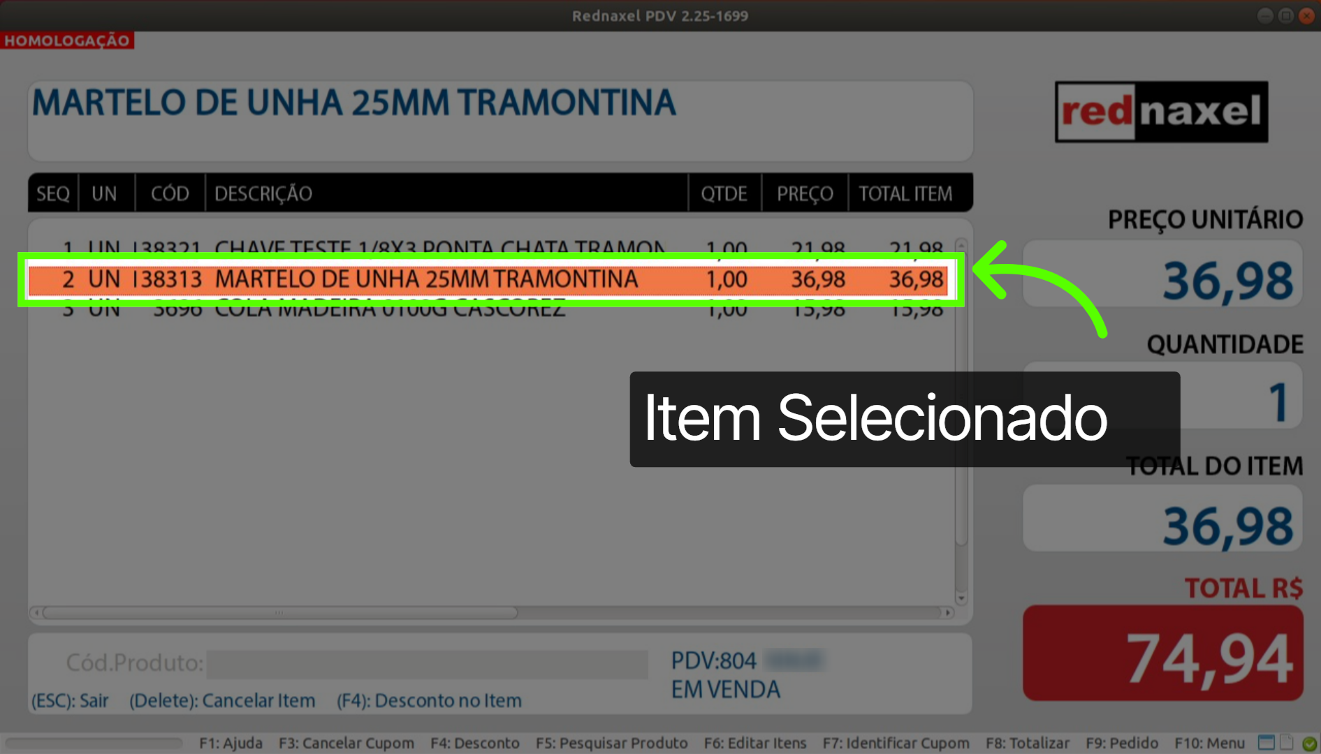 Função Editar Itens: 'Selecionado um Item'
