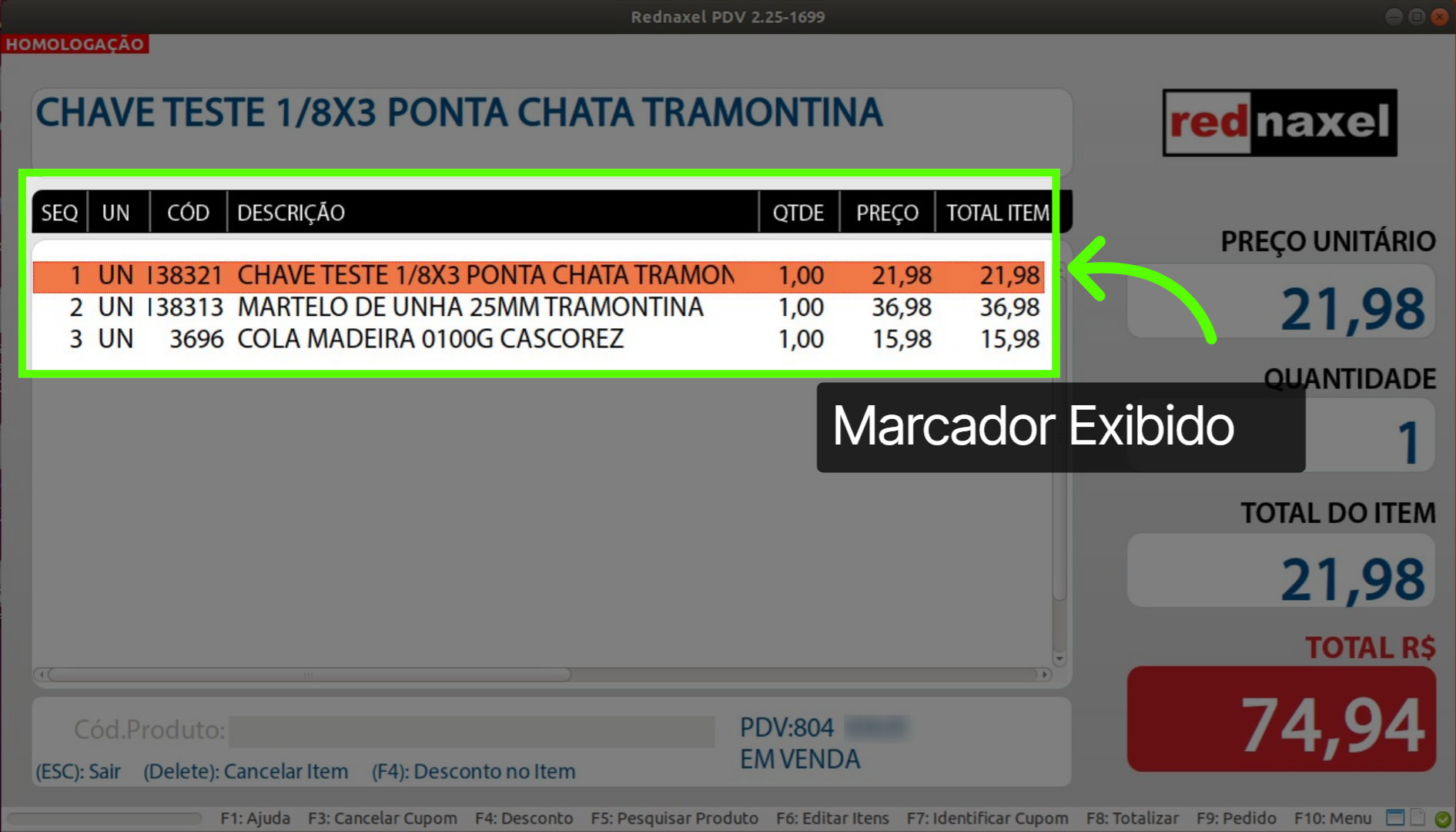 Função Editar Itens: 'Marcador Exibido'