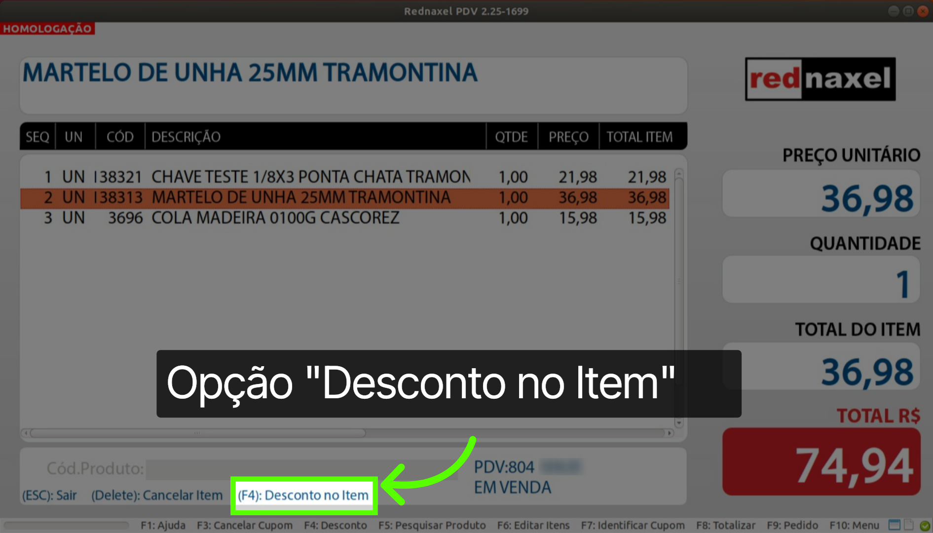 Função Editar Itens: 'Opção Desconto no Item'