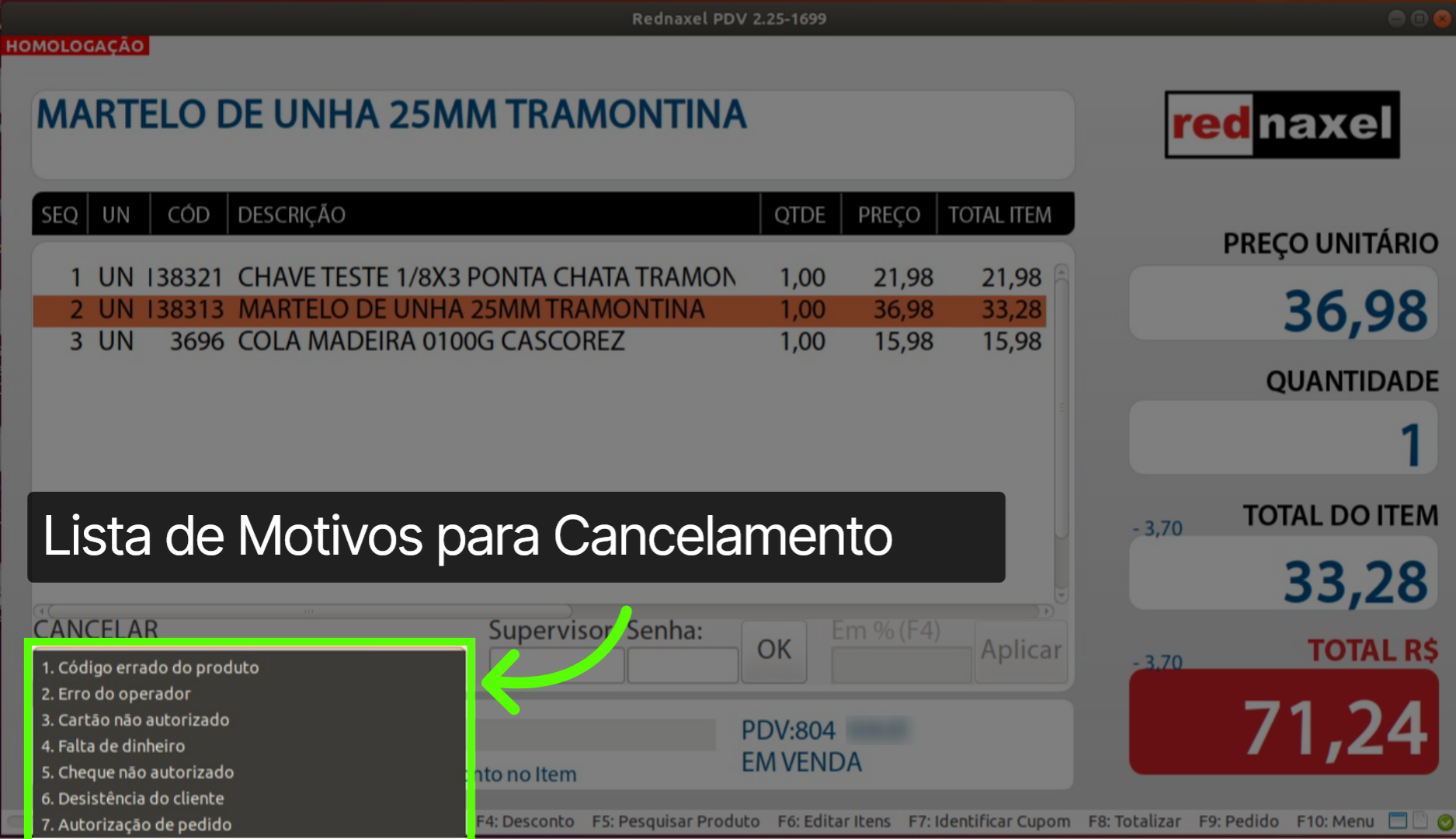 Tela de Cancelamento de Item: 'Motivos de Desconto'