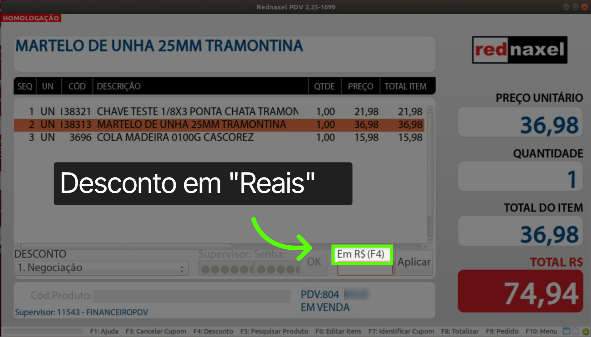 Tela de Desconto: 'Forma de Desconto em Dinheiro'
