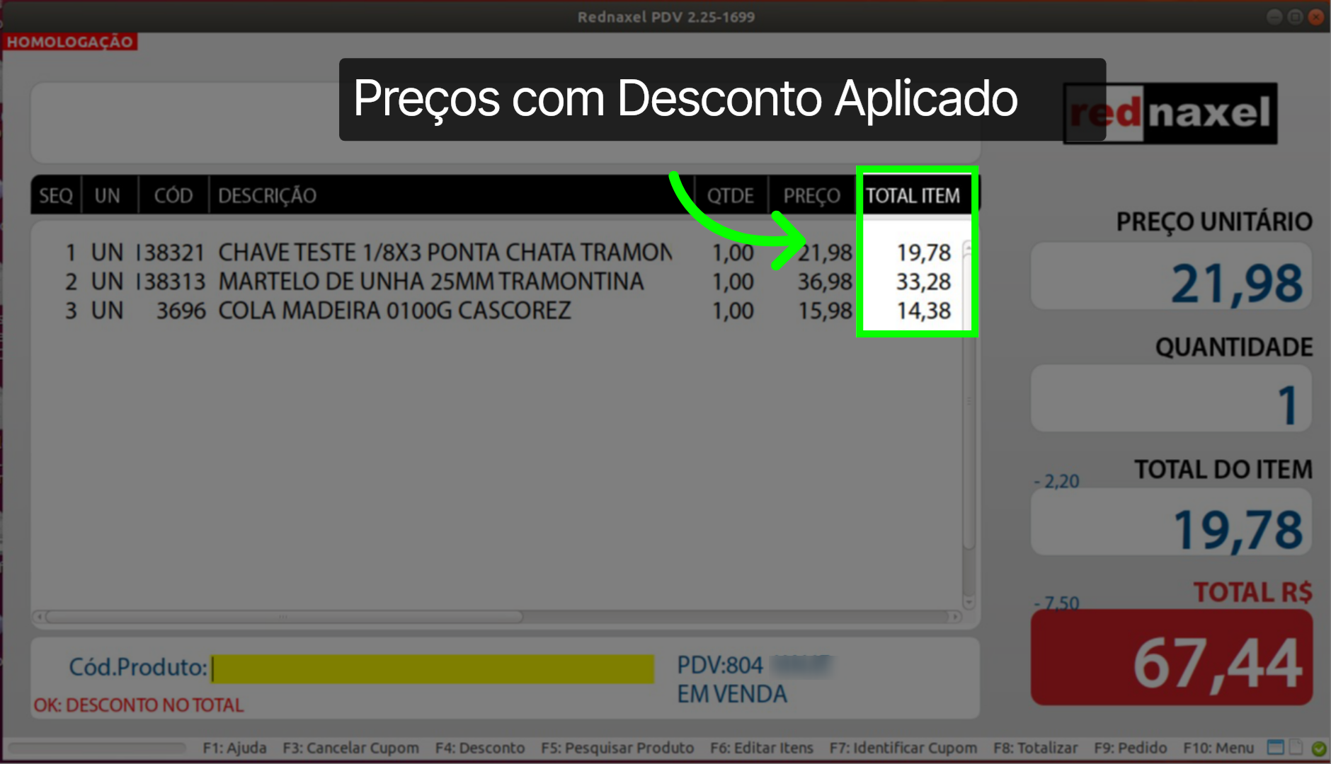 PDV: Tela de Vendas >>> Coluna Total Item >>> 'Preços com Desconto Aplicado' 