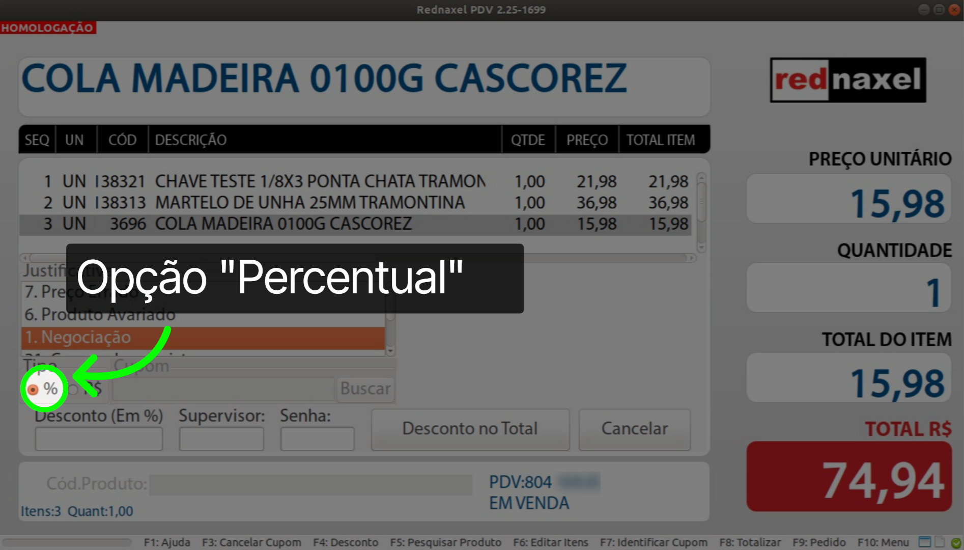PDV: Tela Desconto >>> Opção 'Percentual'